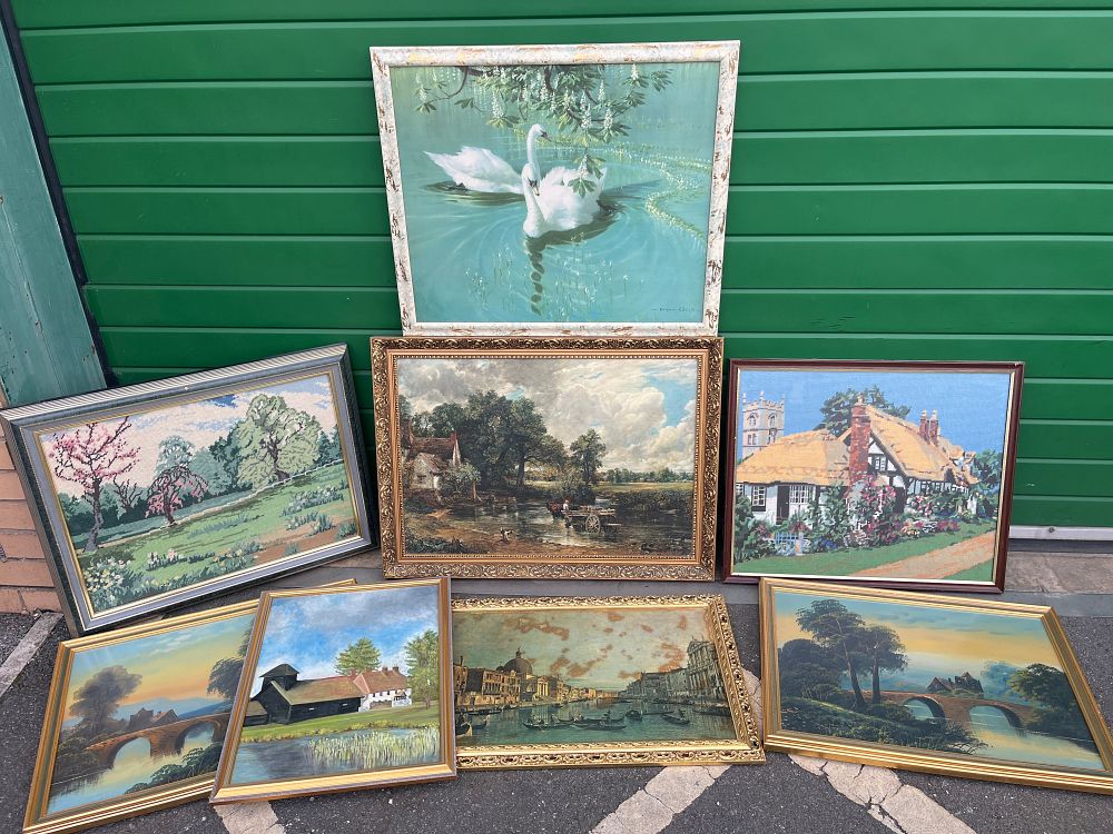 Lot 1081: An Assortment of Framed Landscape and Architectural Paintings, Prints and Needlework?
