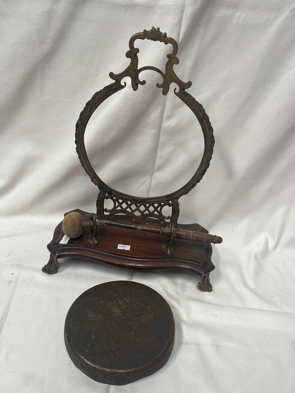 Lot 1092: Late Victorian? Bronzed and Wood Table Dinner Gong, 16 x 12"
