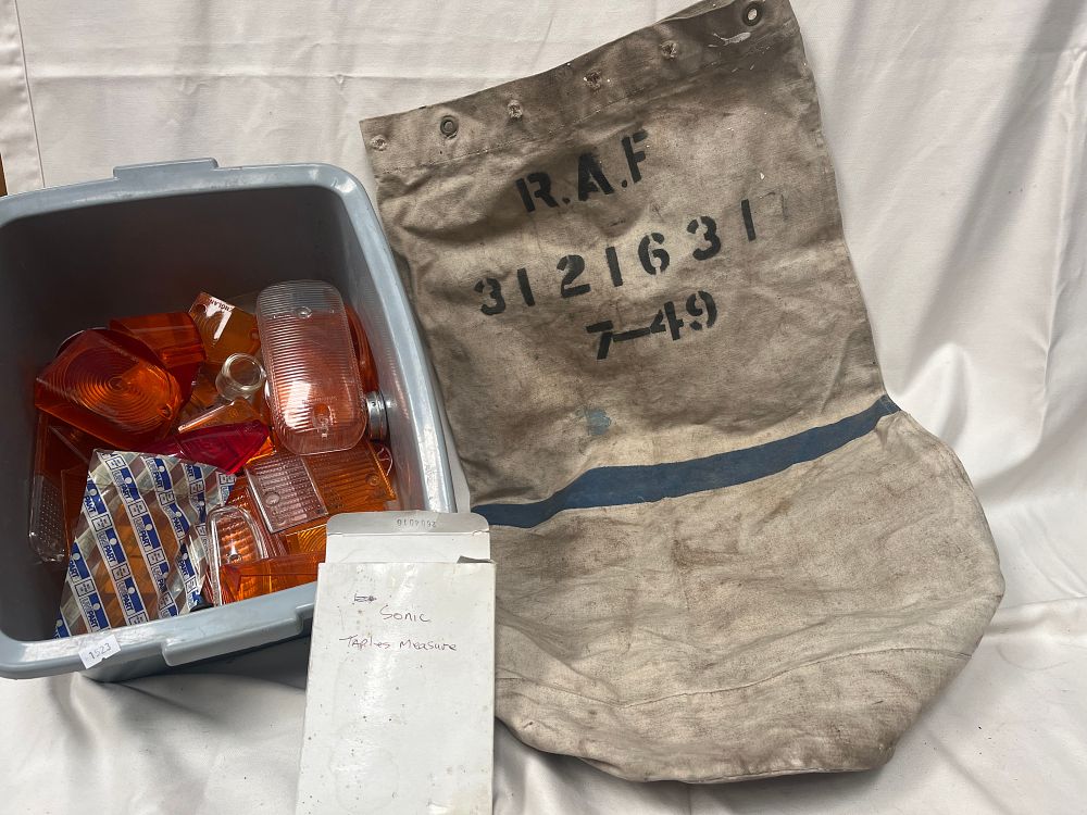 Lot 1094: Royal Air Force Canvas Kit Bag and Assorted Automotive Lighting Components, 1949