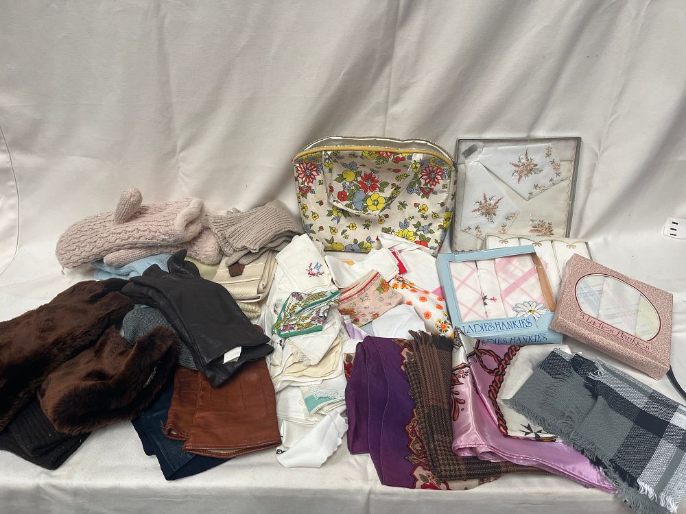 Lot 1095: A Collection of Vintage Accessories, Including Boxed Handkerchiefs, Leather Gloves, and Textiles