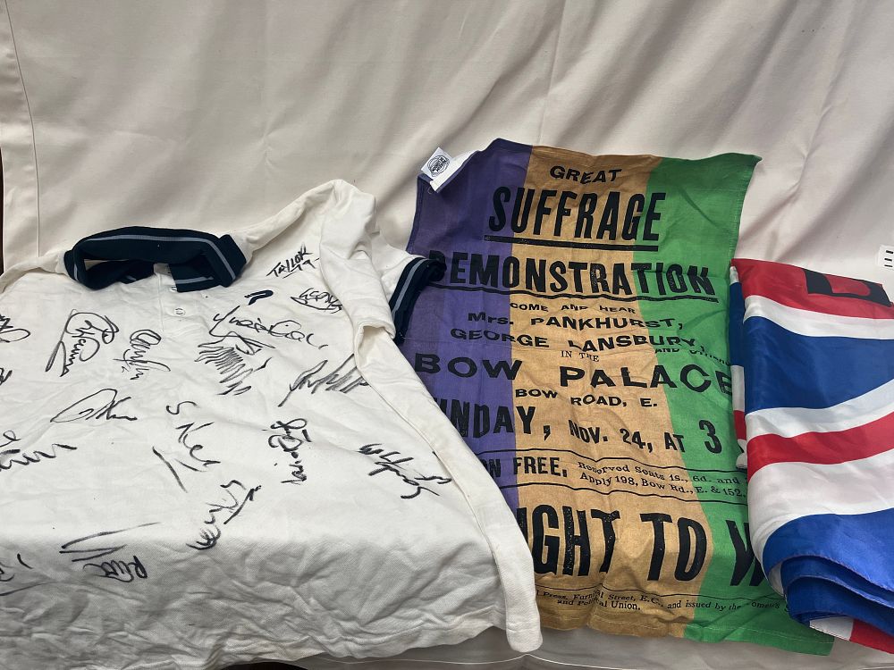 Lot 1105: Museum of London Suffrage Demonstration Tea Towel, Union Jack and Signed Polo Shirt
