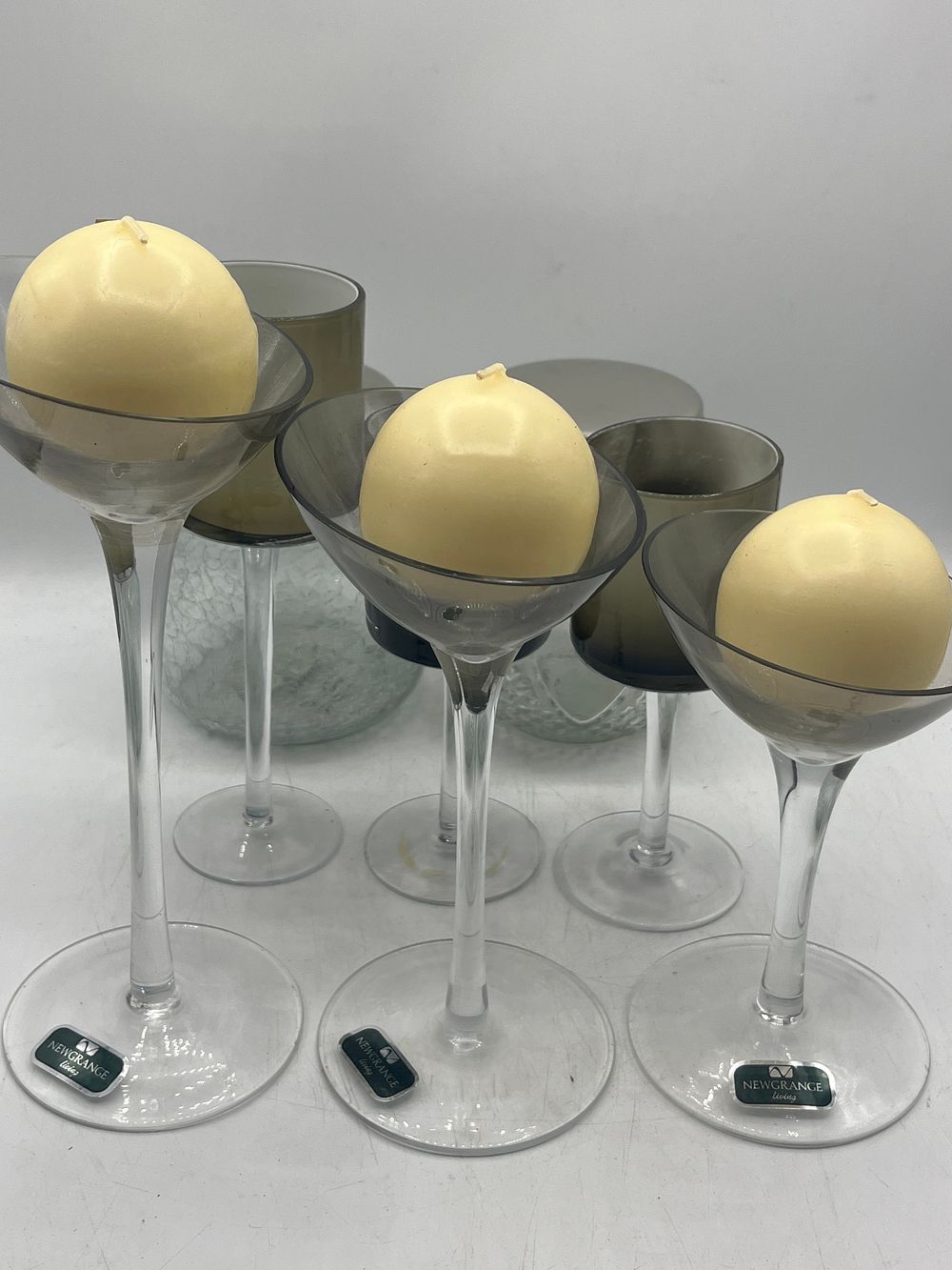 Lot 1112: Newgrange Living? Trio of Glass Candle Holders and Glass Tea Light Holders