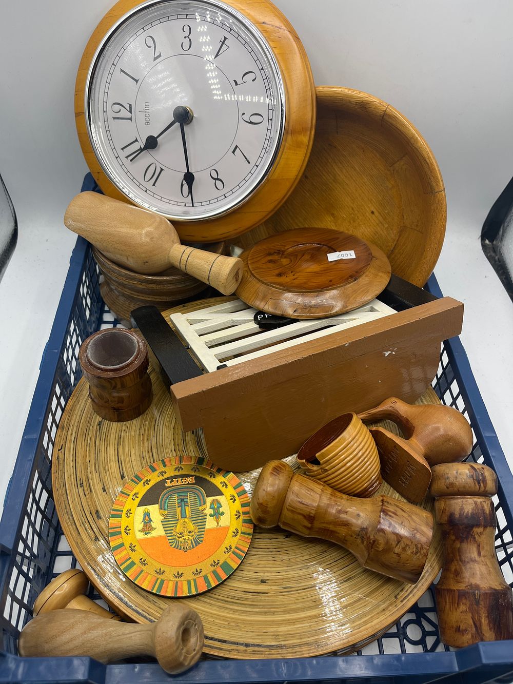 Lot 1118: An Assortment of Turned Wood Kitchenalia and Decorative Wares Including Acctim Clock