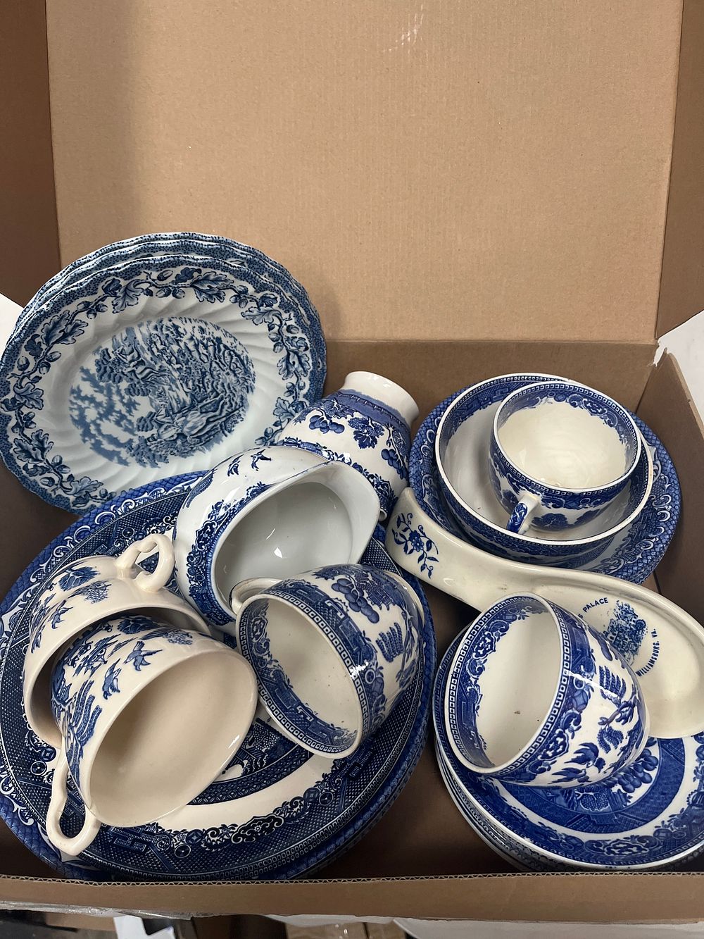 Lot 1154: A Collection of Blue Willow and Williamsburg Commemorative Transferware Tableware