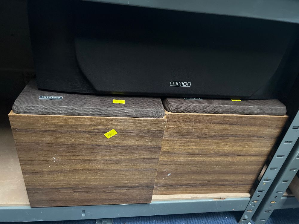 Lot 1155: Goodmans and Mission Wood-Grain Effect and Black High-Fidelity Speakers