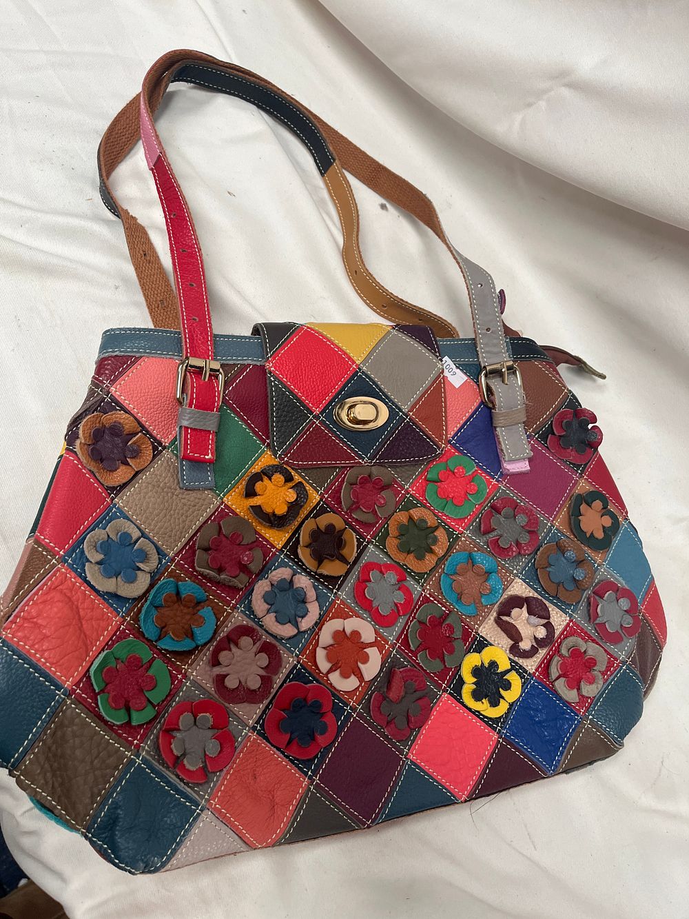 Lot 1158: HESHE? Multi-Coloured Leather Floral Applique Patchwork Tote Bag