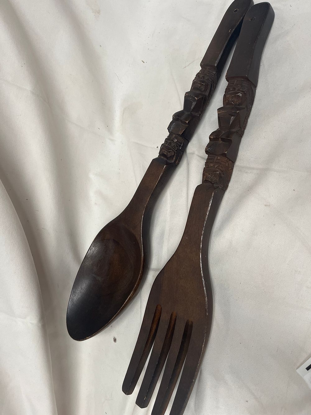 Lot 1161: Mid-Century? Polynesian? Style Hand-Carved Hardwood Large Fork and Spoon