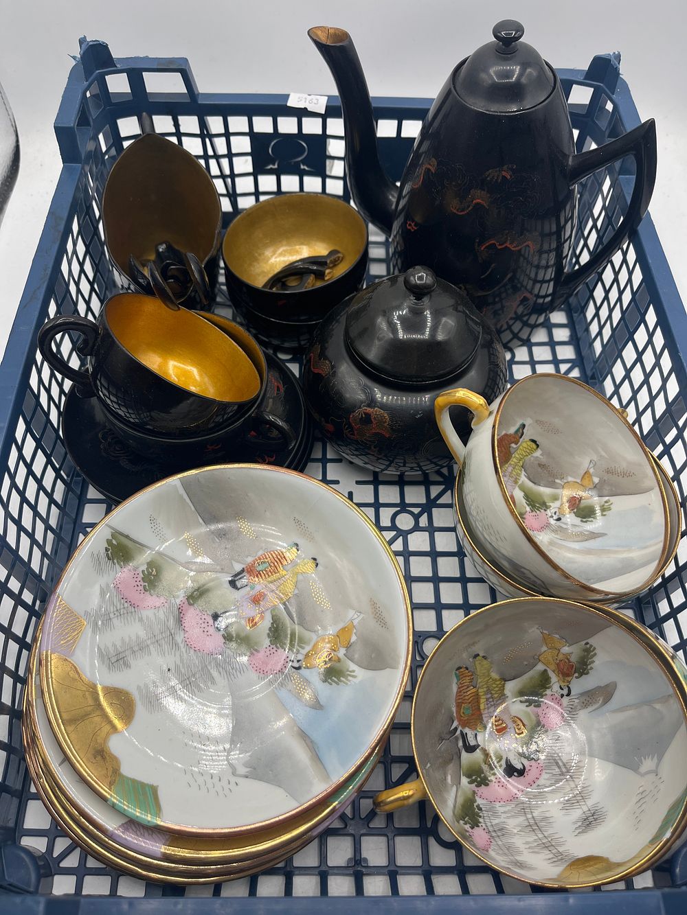 Lot 1162: A Collection of Japanese? Porcelain Moriage Dragon and Geisha Landscape Teaware
