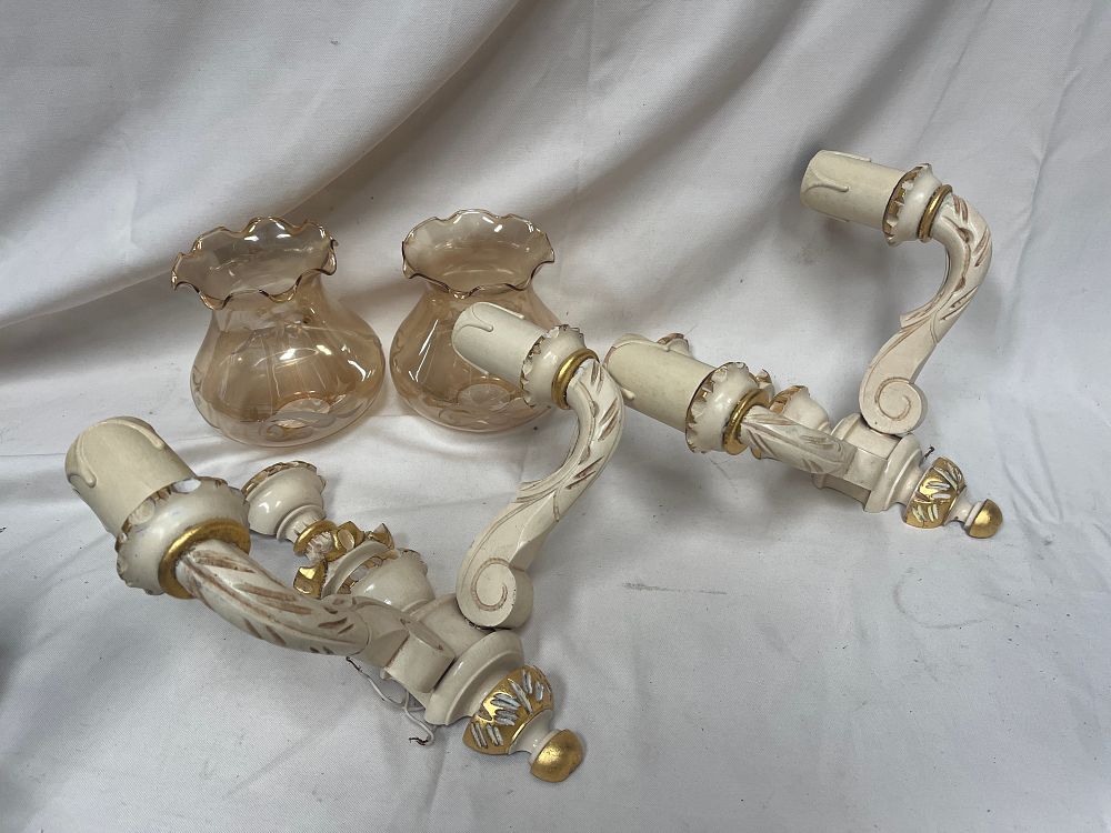 Lot 1163: Pair of Two-Arm Wall Sconces in Distressed Cream and Gilt Effect