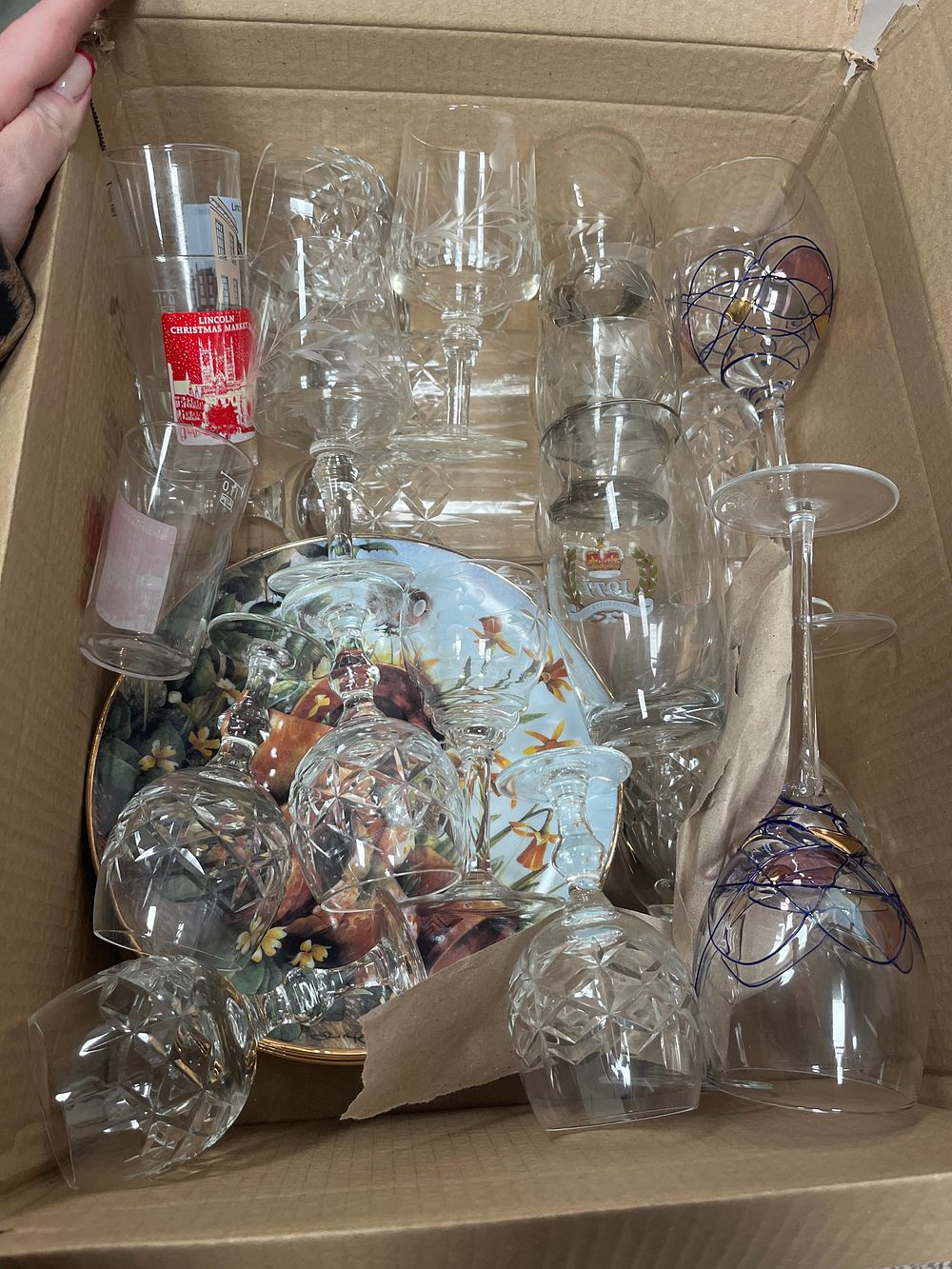 Lot 1175: An Assortment of Cut Lead Crystal? and Decorated Glassware including Lincoln Christmas Market Tumbler