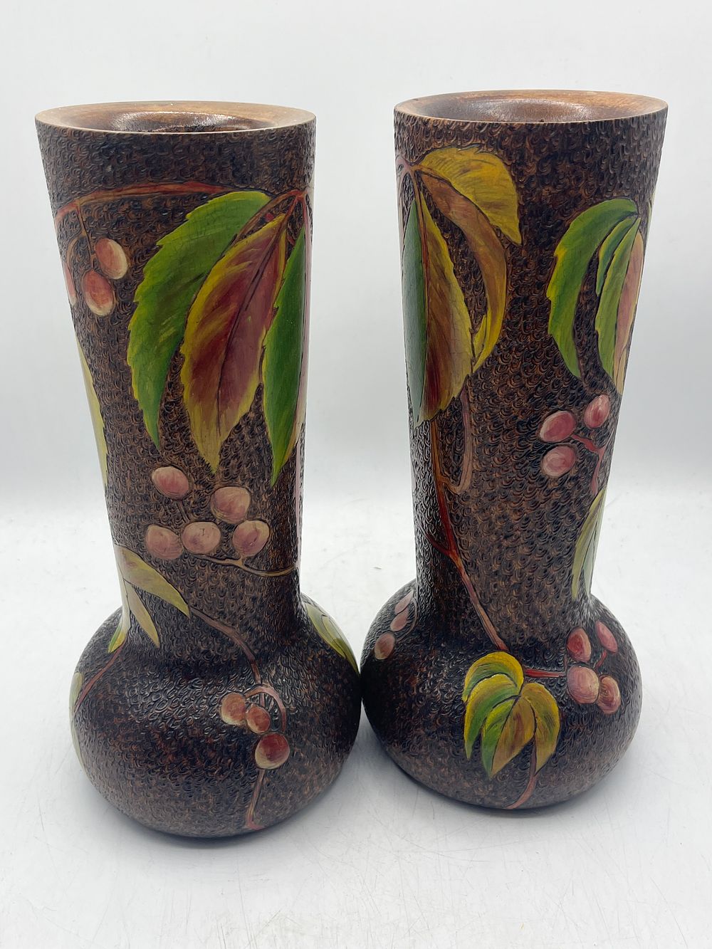 Lot 1185: A Pair of Turned and Hand Painted Wooden Vases, 10.5"