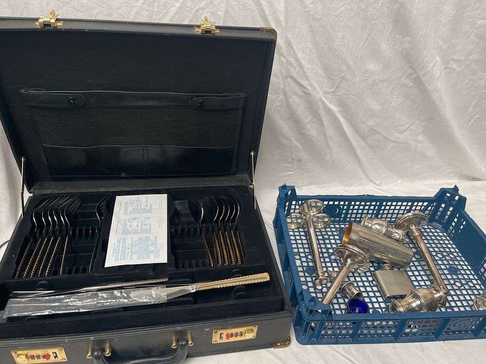 Lot 1202: Becker? Stainless Steel and Gilt-Metal Effect Cased Flatware and White Metal Collection