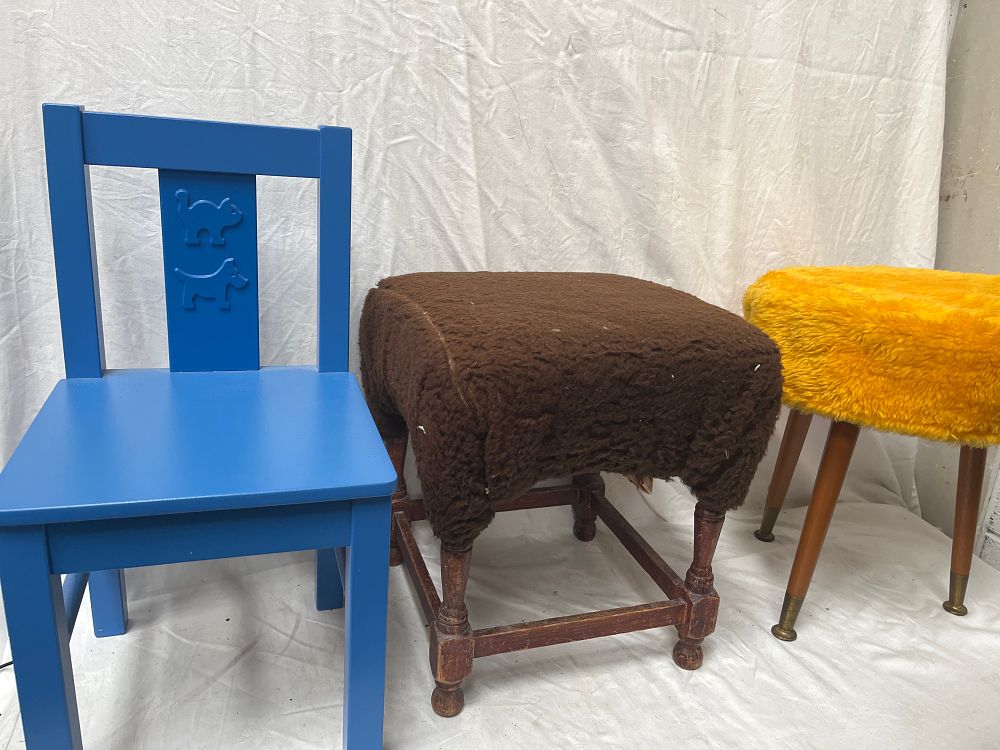Lot 1207: Ikea Kritter Blue Wooden Child's Chair and Two Upholstered Stools