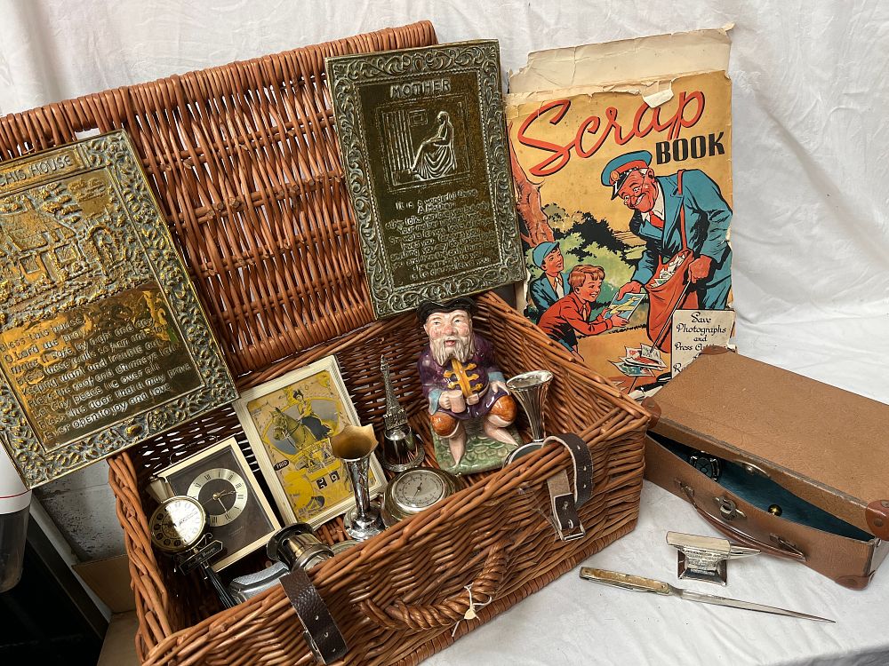 Lot 1223: A Collection of Vintage Collectibles, Brass Plaques and Wicker Hamper?