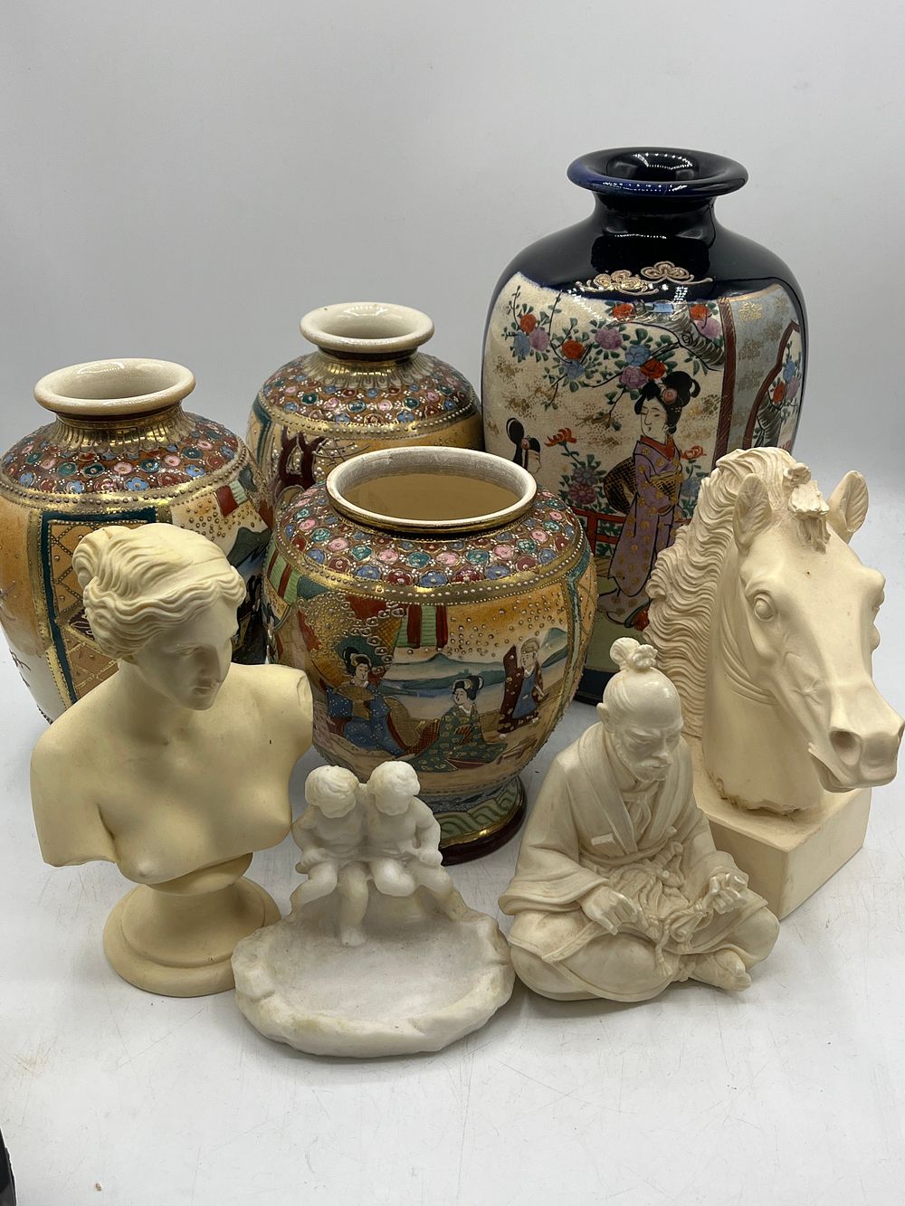 Lot 1227: Assortment of Japanese? Satsuma Style Earthenware Vases and Neoclassical? Style Composition Sculptures