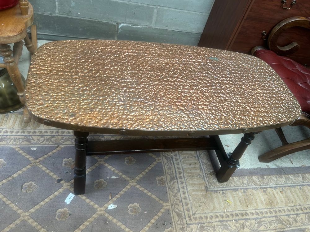 Lot 1242: Arts & Crafts Style Oval Hammered Copper? Topped Occasional Table