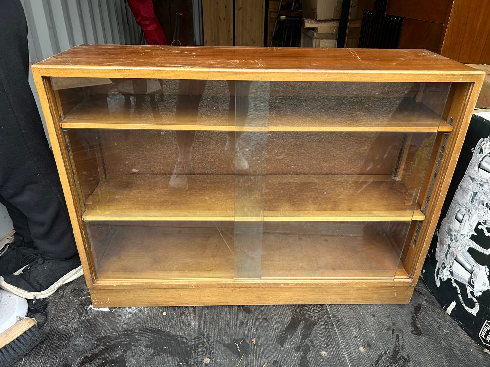 Lot 1246: Mid-Century Oak? Veneered Glazed Display Cabinet Bookcase