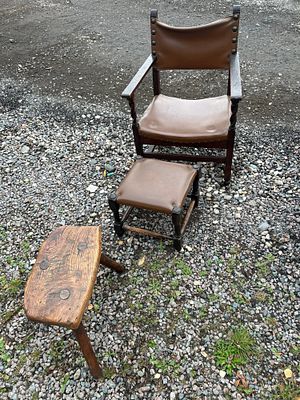 Early 20th Century Oak? Armchair, Matching Stool and Vernacular Elm? Stool. A trio of 