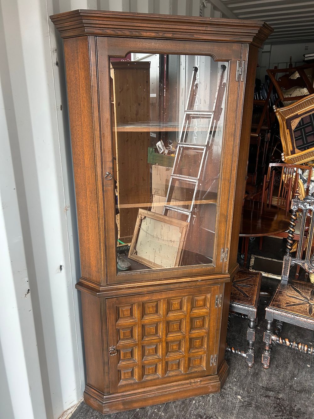 Lot 1270: Late 20th Century Oak? Two-Part Breakfront Display Cabinet