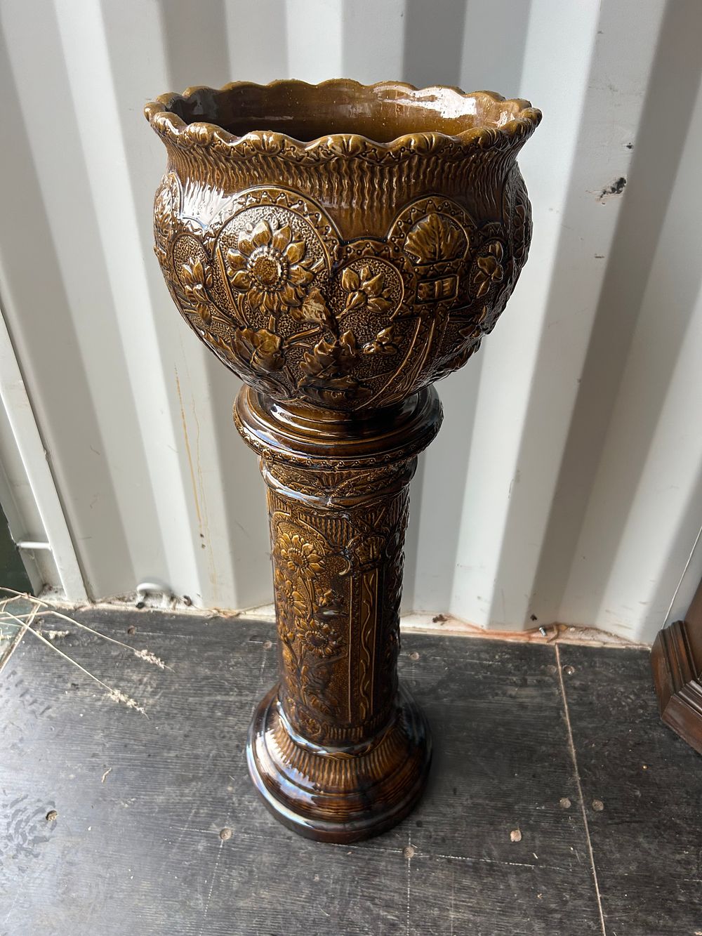 Lot 1271: Late Victorian Earthenware Jardiniere and Pedestal with Rockingham Type Glaze