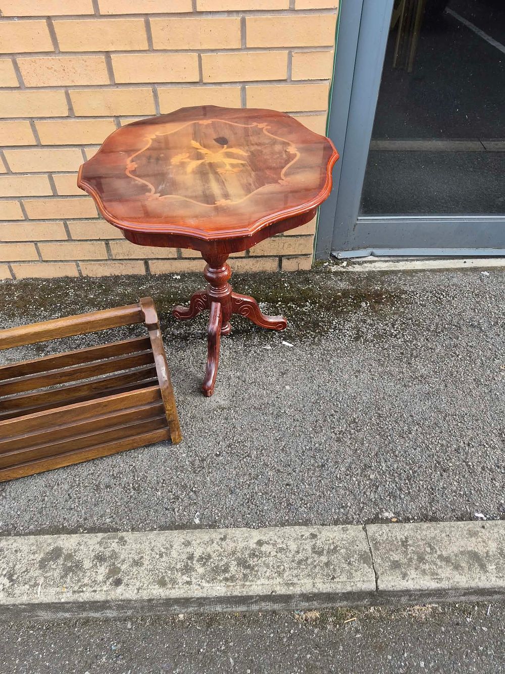 Lot 1280: Mid-20th Century Italian? Marquetry Inlaid Tripod Side Table and Oak Magazine Rack