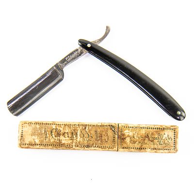 Clauss Razor w/ Box. Vintage Straight Razor by Clauss, with black plastic scales. The face is