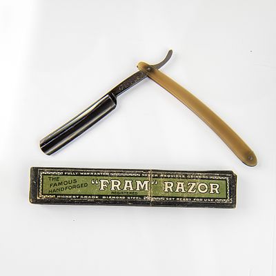 Fram Razor w/ Orig. Box. Vintage Straight Razor "Fram", with translucent greyish/brown plastic