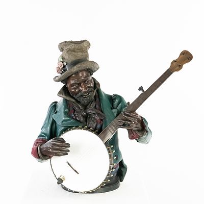 Bronze Banjo Player Sculpture By Aly Matthews. Polychrome limited edition bronze bust of a black 