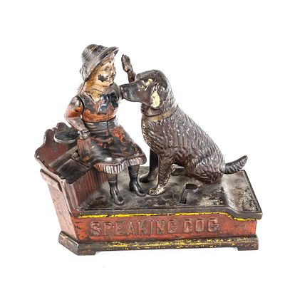 1885 Speaking Dog Red Dress Mechanical Bank. 1885 "Speaking Dog" Shepard Hardware "Red Dress" 