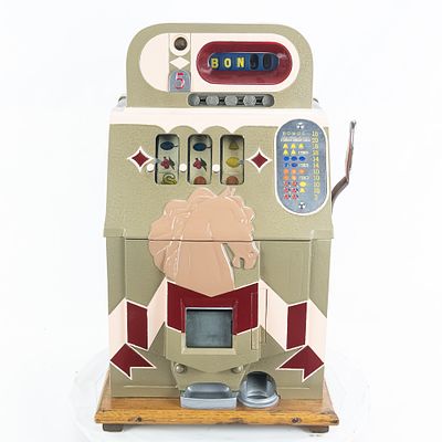 Rare 5 Cent Mills Horse Head Bonus Slot Machine. Restored. Original strips, back door & cash box 