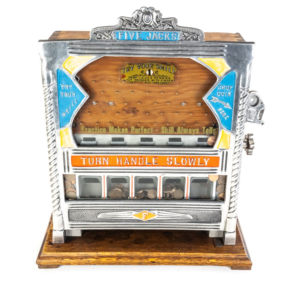 Fields 5 Jacks 1 Cent Coin Drop. Older restoration to original castings and cabinet in VG 