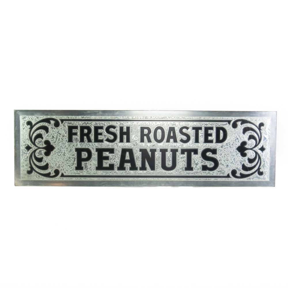 "Fresh Roasted Peanuts" Glass Sign. A stunning example of reverse-paint, chipped glass, mirror 