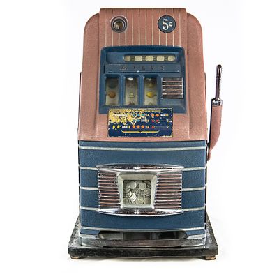 Mills "High Top" 5 Cent Slot Machine. Original 3 reel, front jackpot, original back door, lock 