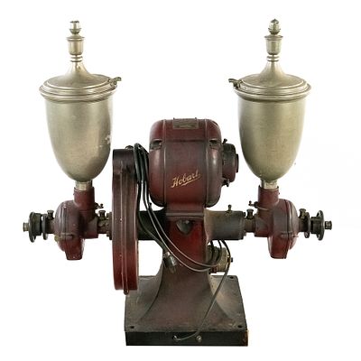 Large Hobart Dual Hopper Electric Coffee Grinder. Looks to be complete with all the small oilers 