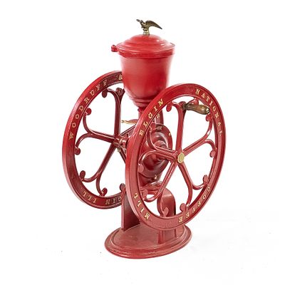 Elgin National Cast Iron Coffee Grinder. A large and impressive late 19th-century cast iron 