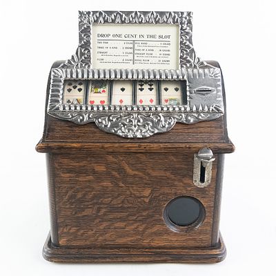 Caille 5 Card Coin Op Cigar Trade Stimulator. Nice piece with older restoration. Drop penny in 