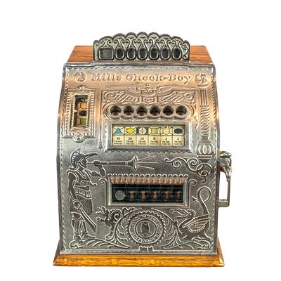 Circa 1910 5 Cent Mills Check Boy. Cast iron and quarter sawn oak. Slot machine/trade 