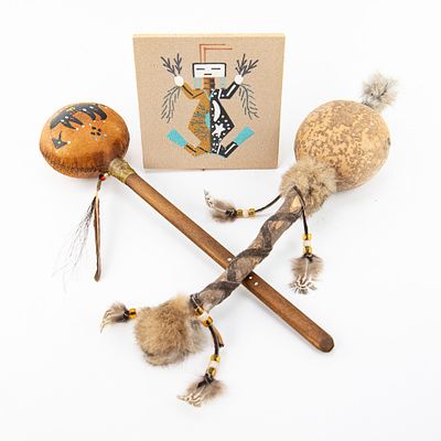 Native American Rattles (2) & Sand Painting. An interesting collection of contemporary 