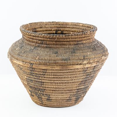 1920s Pima Olla Coil Basket. Pima coiled-construction olla basket circa 1920s. It features a 