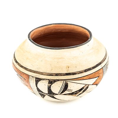 1971 Hopi Polychrome Pot. Vintage Hopi hand coiled, polychrome pot. Decorated with red and black 