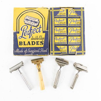 Vintage Perfect Razor Blade Boxes and Misc Razors. Includes two boxes of "Perfect" razor blade 