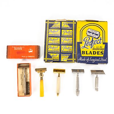 Vintage Razors and Blade Boxes. Includes two boxes of "Perfect" razor blade boxes, 20 each 