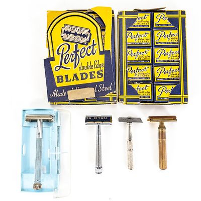 Vintage Perfect Blade Boxes and Various Razors. Includes two boxes of 20 each "Perfect" razor 