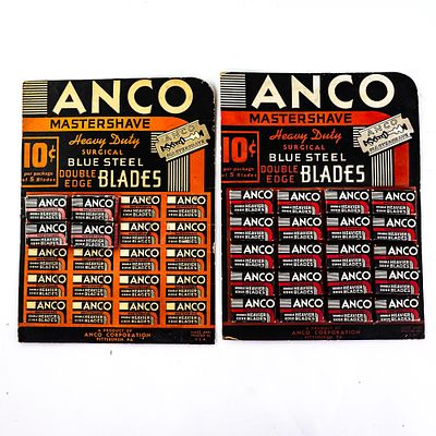 (2) Vintage Anco Razor Blade Displays, Pittsburgh, PA, red one includes 20 blade boxes, shows 