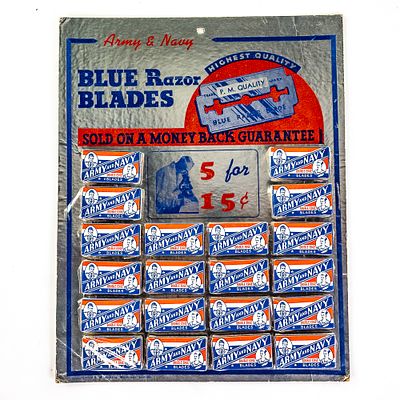 Vintage Army & Navy Blue Razor Blade Display, comes with 20 blade boxes, minor wear on corners 