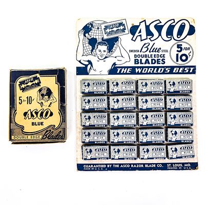 Vintage Asco Razor Blade Display, St. Louis, MO, comes with 20 blade boxes, shows some wear 