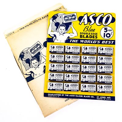 Vintage Asco Razor Blade Display, St. Louis, MO, comes with 20 blade boxes and original box 
