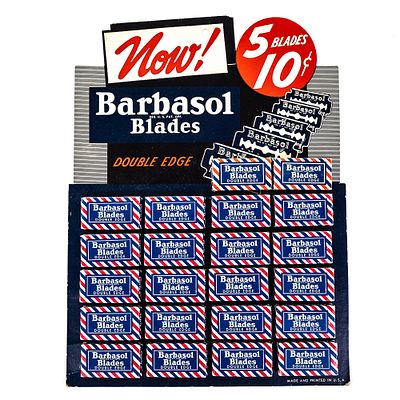 Vintage Barbasol Razor Blade Display, comes with 22 blade boxes, minor wear, good condition 