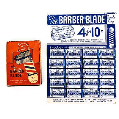 Vintage Barber Blade Razor Blade Display, Aurora, IL, comes with 20 blade boxes, minor wear 