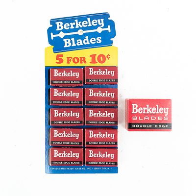 Vintage Berkeley Razor Blade Display, Jersey City, NJ, comes with 10 blade boxes, crease near 